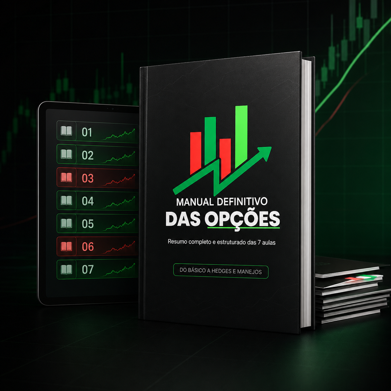 Capa do Manual Definitivo das Opções: resumo completo e estruturado das 8 aulas, do básico ao Plano Definitivo.